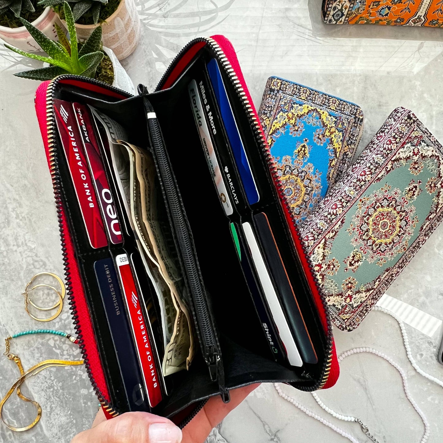 Red Zip Around Wallet, Rug Design Vegan Wallet