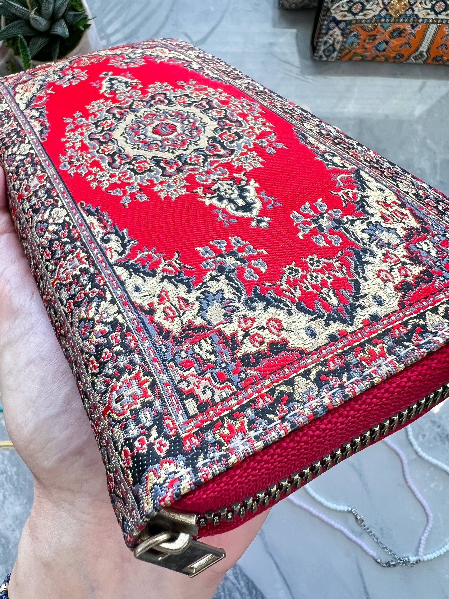Red Zip Around Wallet, Rug Design Vegan Wallet