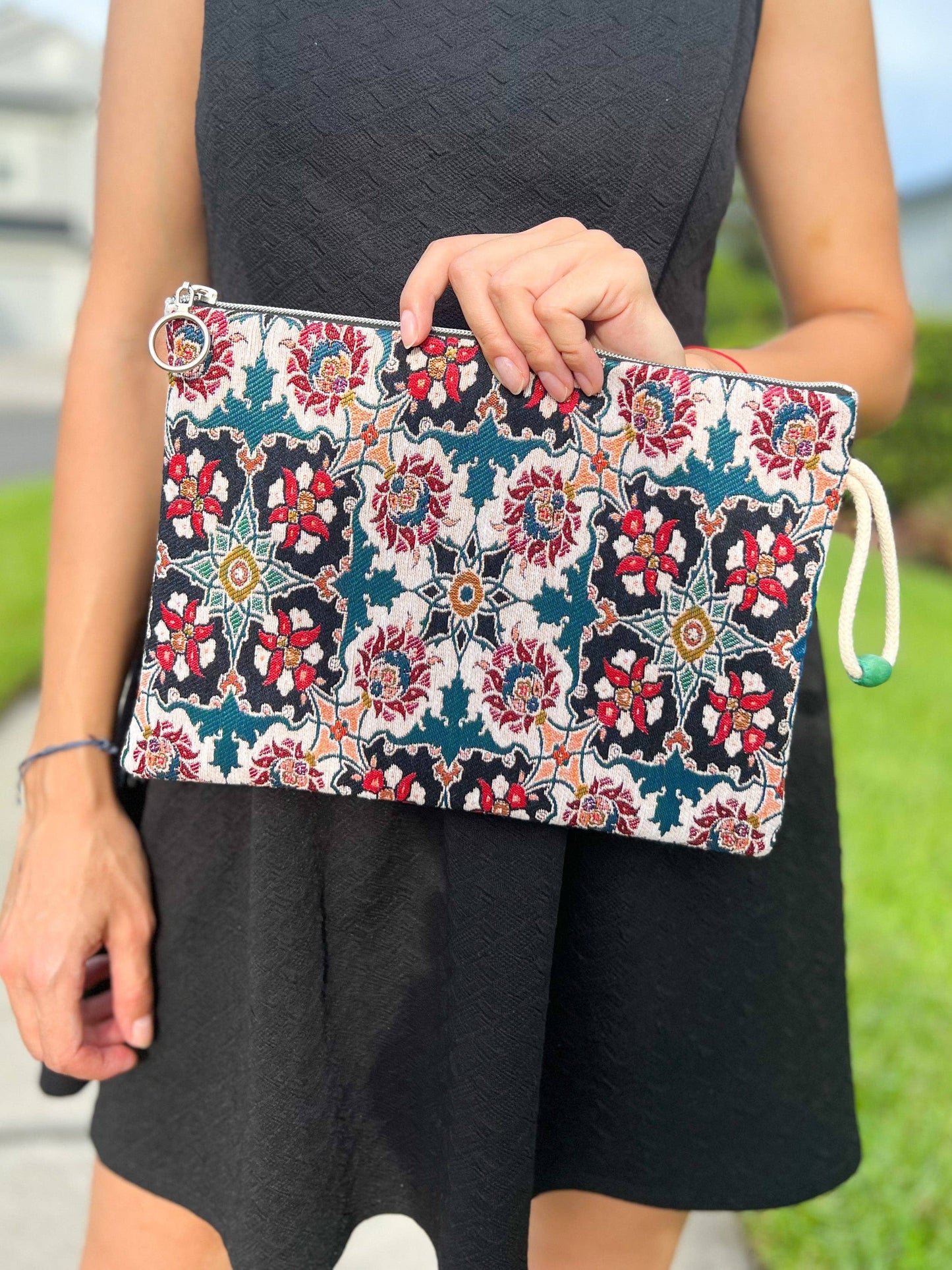 Floral Clutch with Wristlet, Handmade Clutch Bag for Women,